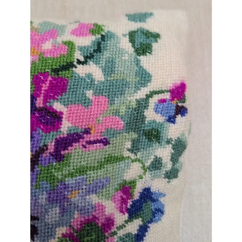 Vintage Floral Needlepoint Pillow - Purple, Pink & Green Violets